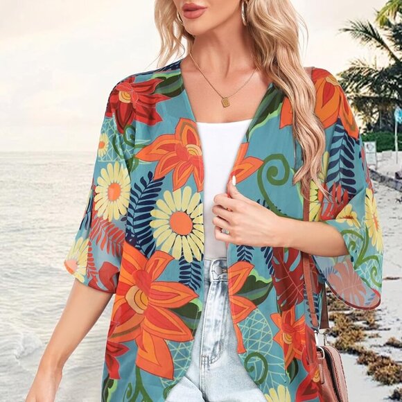 Women Kimono Cardigans Casual Summer Tops Cover up Open Front Floral Print Resor - Picture 2 of 5